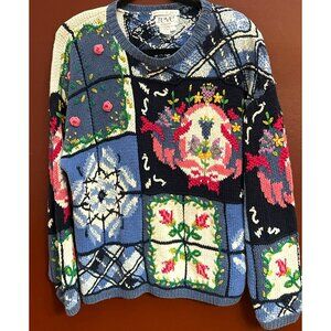 Vintage Reve Hand-Knitted Patchwork Cottage Core Sweater Large Flowercore Bloom